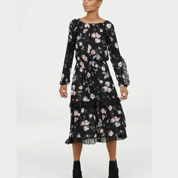 H&M Black Floral Print Ruffle Long Sleeve Tiered Midi Blouson A-Line Dress 2 - Picture 2 of 6